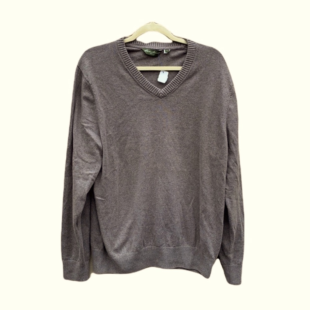 VTG Eddie Bauer V-Neck Sweater XLT Cotton Cashmere Blend Tan Pullover Relaxed